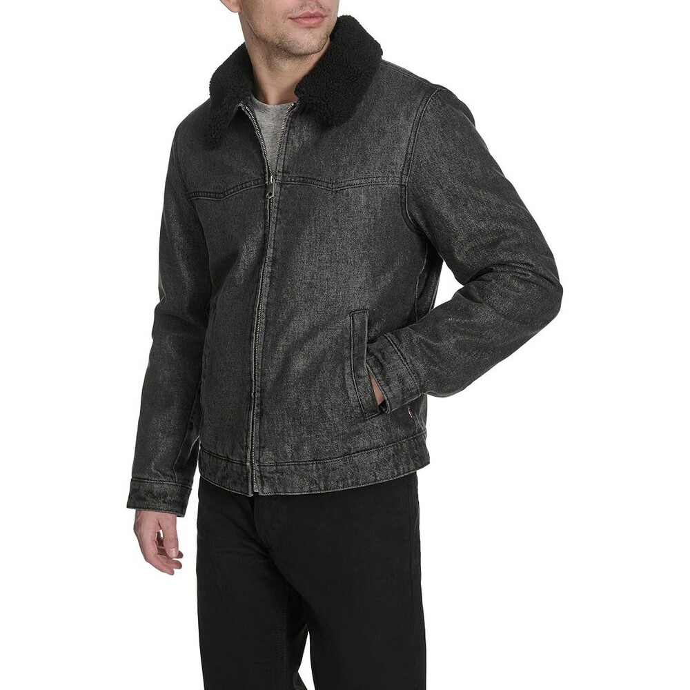LEVI'S Jean Jacket Mens Medium Black Dark Wash Zip Up Western Sherpa Collar $225